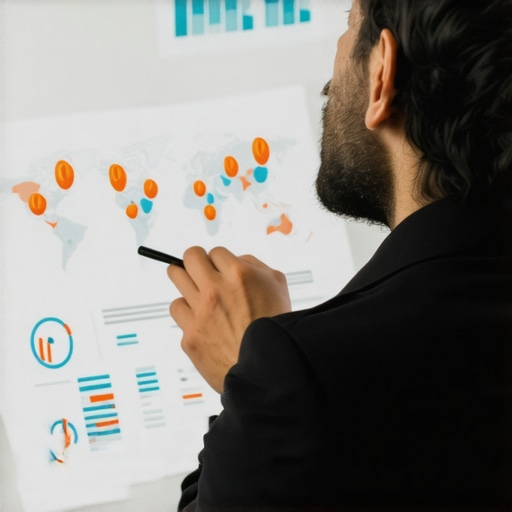 SEO analyst reviewing local map analytics with charts and AI tools