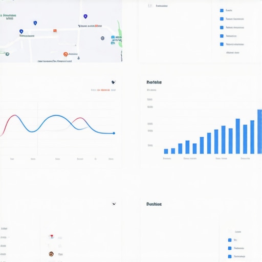 Local SEO Analytics Dashboard A close-up of a local SEO analytics dashboard displaying maps, graphs, and keywords