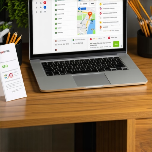 Laptop showing Google Maps SEO analytics and tools.