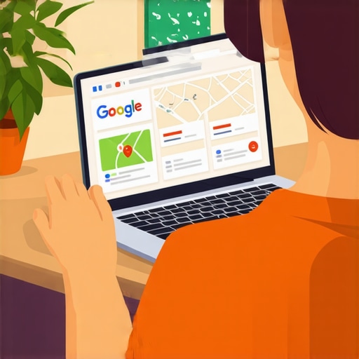 Person working on Google My Business optimization on a laptop, with maps and keyword icons.