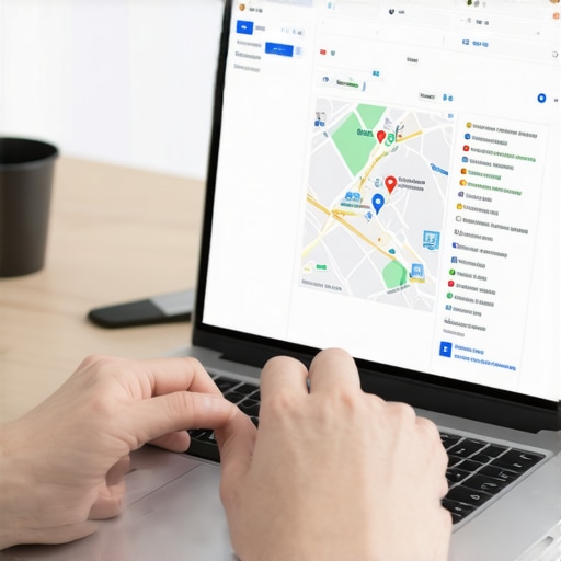 Person analyzing Google Maps performance using a laptop with optimization checklists.