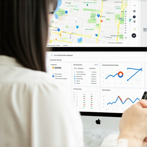 Person analyzing local SEO data on a laptop with maps and review metrics