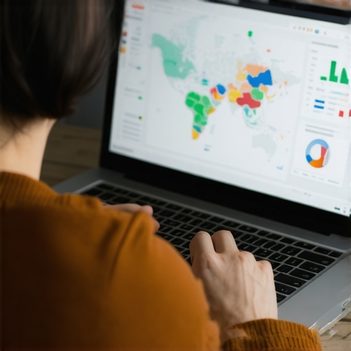 Person reviewing local SEO metrics on a laptop surrounded by maps and analytics charts