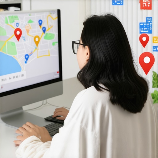 Person editing Google My Business profile on a laptop with maps icons