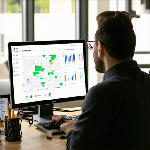 Business owner analyzing map health and rankings on a laptop.