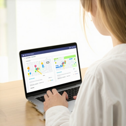 Person analyzing Google Maps profile data on laptop with charts and maps.