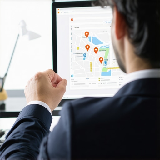 Optimizing Google Maps Listing Business owner editing Google Maps profile on computer, with icons representing SEO elements.