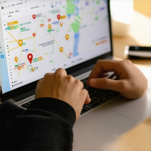 Person Using SEO Tools on Laptop for Map Maintenance Person reviewing map health analytics on a laptop for local SEO optimization.