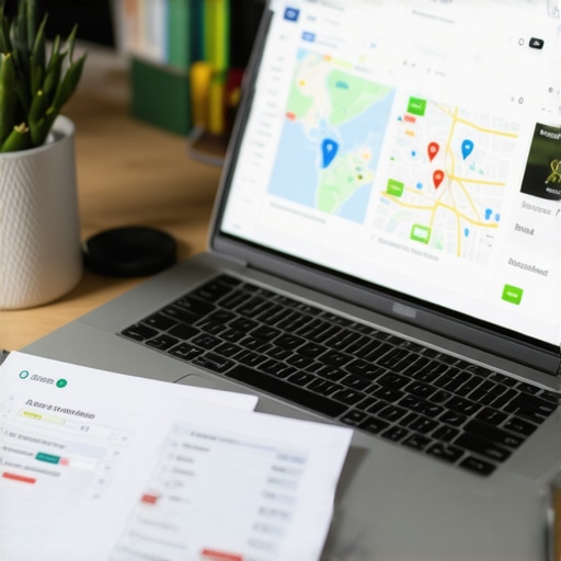 SEO Tools Workspace for Map Maintenance A workspace with laptops and analytics dashboards showing map health and SEO data.