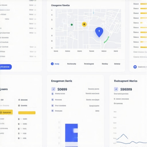 A sophisticated Google Maps SEO dashboard displaying graphs, checklists, and engagement metrics to emphasize advanced map optimization factors.