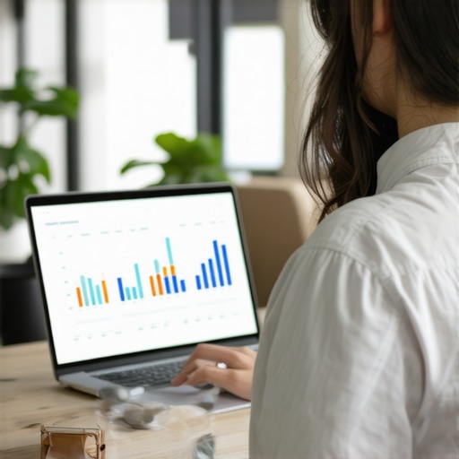 Business owner examining local SEO metrics on laptop in office