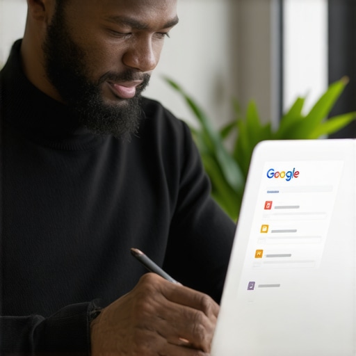 Business owner working on map listing optimization with checklist in office.
