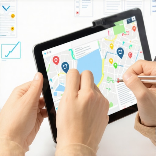 Person reviewing digital maps and SEO checklists on a tablet