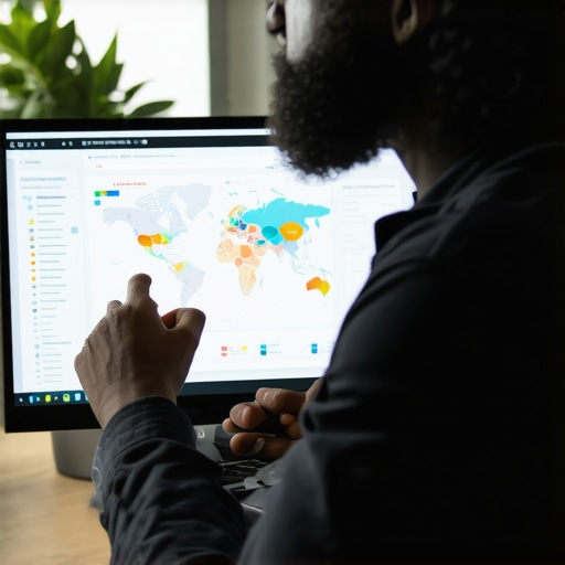 Digital marketing professional analyzing Google Maps profile health with checklists and data charts.