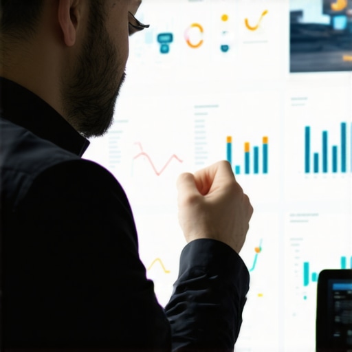 Business owner reviewing map health data with charts and icons.