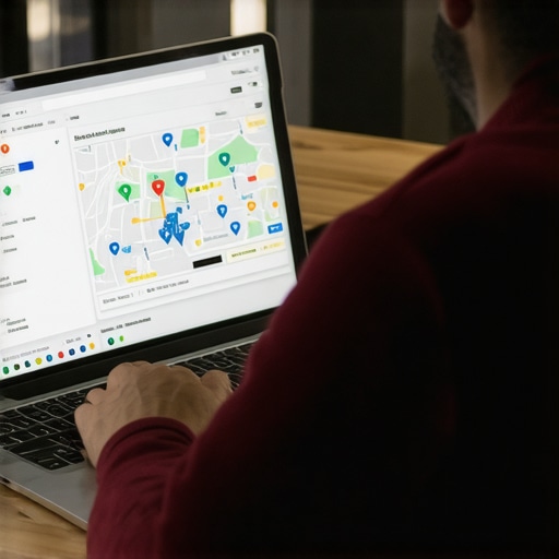Optimizing Your Google Map Profile Business owner working on Google profile optimization on laptop with maps and analytics visuals.