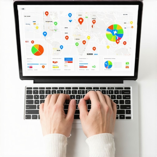 Person using SEO tools on a laptop for map listing maintenance.