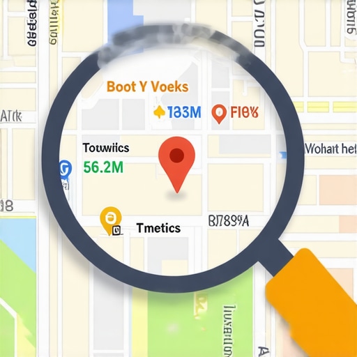 Magnifying glass examining Google Map data points with analytics chart