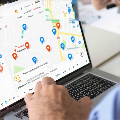 Person optimizing Google Map profile on laptop with maps display