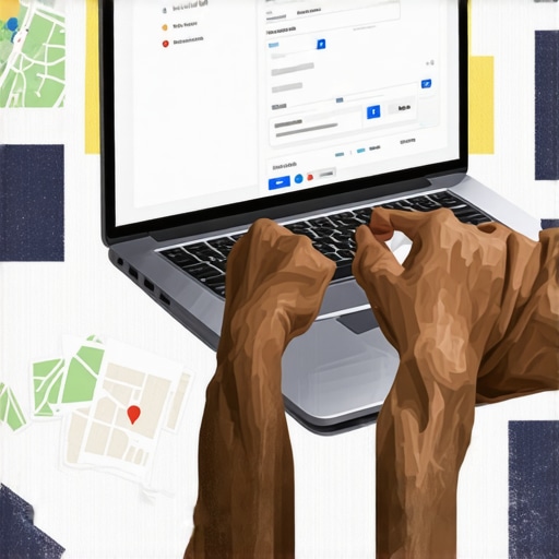 Person editing Google My Business profile on laptop showing maps and local keywords