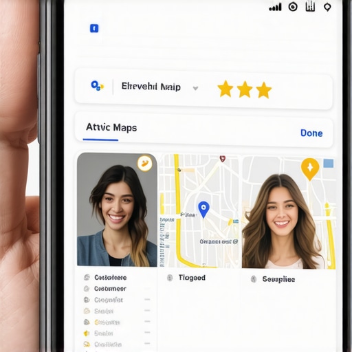 A smartphone displaying a Google Maps listing with high customer engagement and positive reviews.