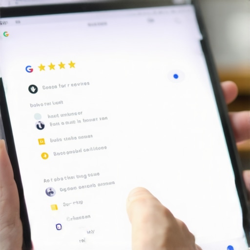 A business owner managing customer reviews on a tablet to improve local map rankings.