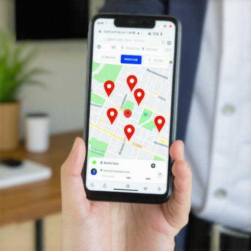 Advanced Local SEO Map Analysis Close up of smartphone map ranking pins and SEO analytics.