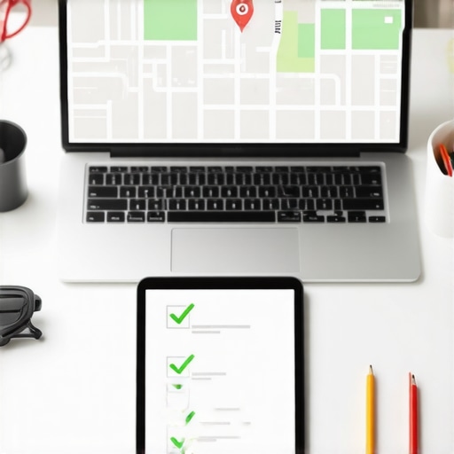 A desk with digital devices showing map health audits and a local SEO checklist.