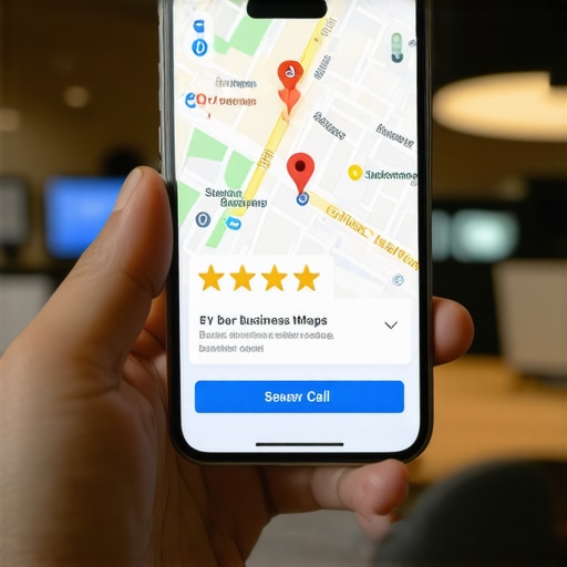 Advanced local map engagement metrics Smartphone displaying a highly optimized Google Maps business profile with reviews.