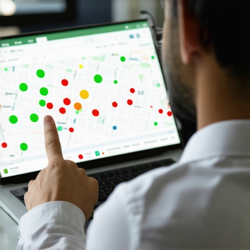 Analyzing Local Map Health Data A laptop screen displaying a local SEO heat map for business ranking analysis.
