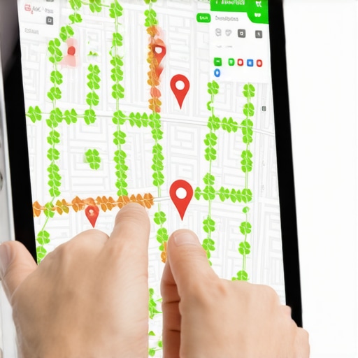 A person using a tablet to perform a map health audit showing local search visibility across different neighborhoods.