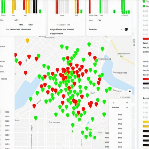Analyzing Local Map Search Visibility Fluctuations A digital dashboard showing local search ranking performance on a city map with real-time data points.