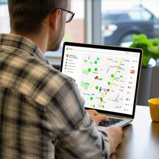 Business owner reviewing local map ranking grid on a laptop