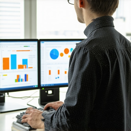 An SEO specialist reviewing local ranking data and heatmaps on a computer screen.
