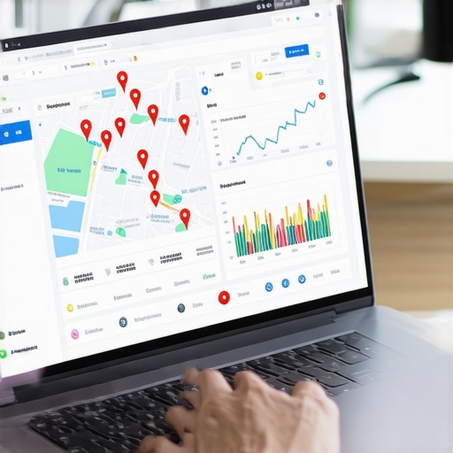 A business owner reviewing local map analytics and engagement signals on a laptop.