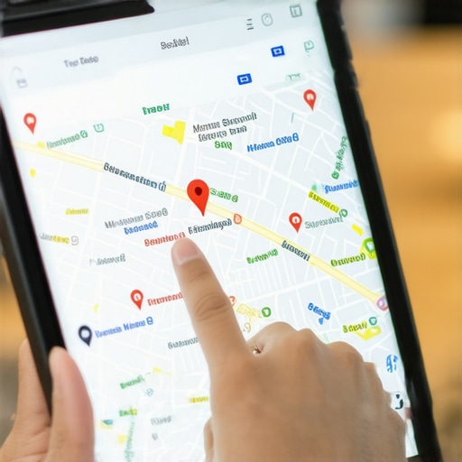 A hand pointing at a tablet screen showing suspicious map pins.