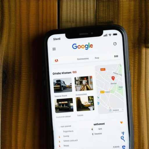 A smartphone showing a highly engaging, authentic local Google business profile on a wooden desk.