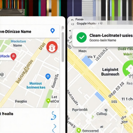 Comparison of keyword stuffing vs clean map optimization A visual comparison showing how keyword stuffing can lead to warnings while clean optimization wins the top spot on Google Maps