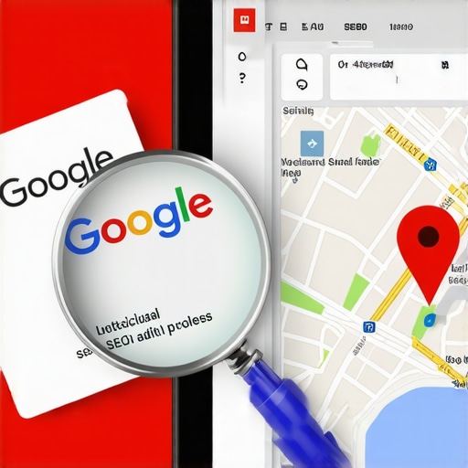 Detailed Google Maps Profile Audit Close up of tools used for a Google Maps SEO audit including a magnifying glass and tablet.