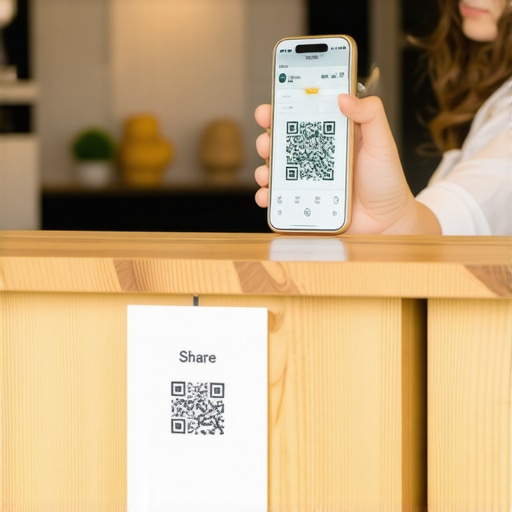 A customer scanning a QR code at a business counter to upload photos to a Google Business Profile.