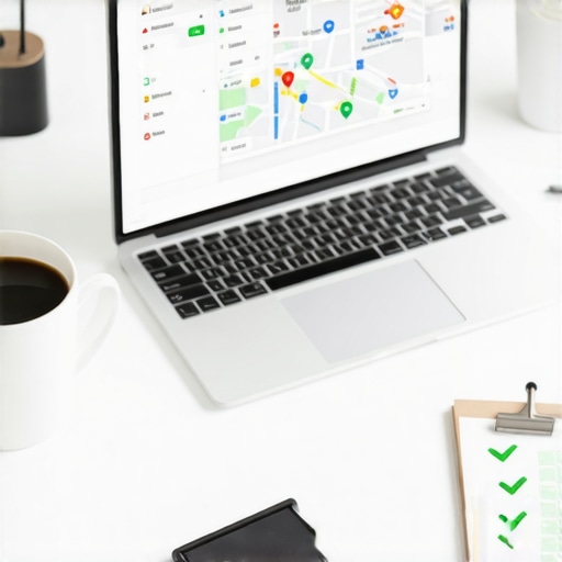A professional workspace showing a business profile optimization in progress