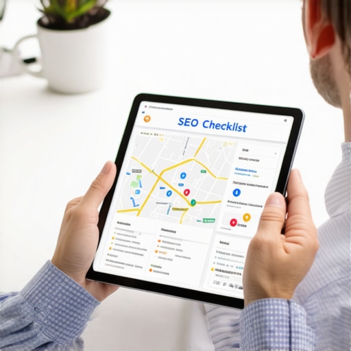 Executing a local maps seo checklist for business growth Close-up of a business owner using a maps seo checklist to improve local search rankings