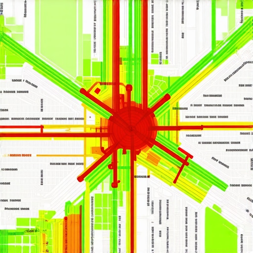 A digital heatmap showing local search ranking performance across a specific city neighborhood.