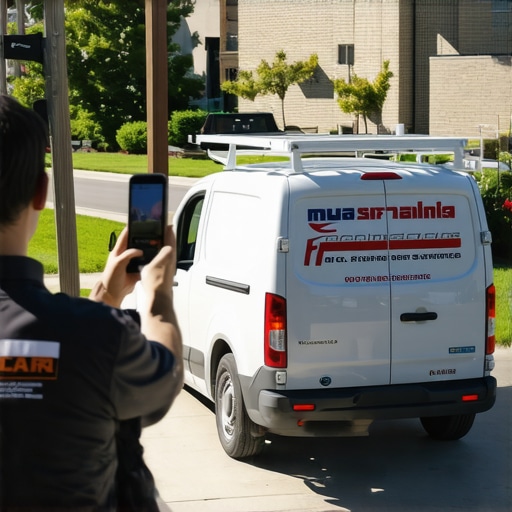 Geo-tagging photos for local search authority A service professional using a smartphone to document a job site for local SEO and map visibility.