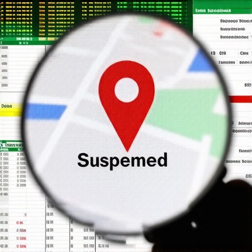 Google Business Profile Suspension Warning A magnifying glass inspecting a suspended Google Maps business listing representing common SEO mistakes.