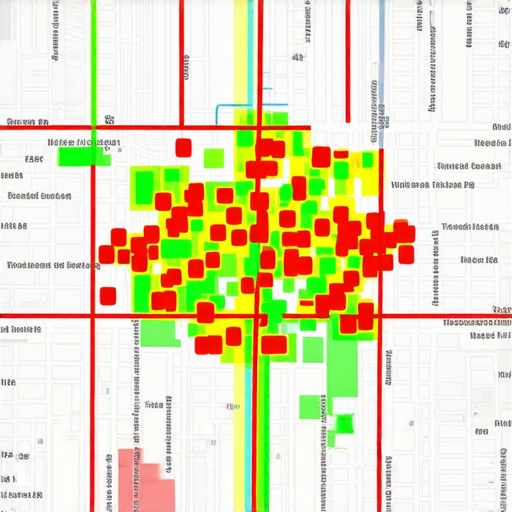 Google Maps Heatmap Analysis A digital heatmap showing local search ranking density across a city grid.
