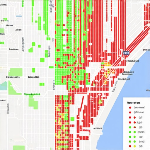 A rank tracking software interface showing a grid of business visibility across a neighborhood map