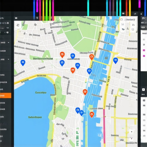 A digital map with ranking grid overlays showing local SEO visibility across different neighborhoods.