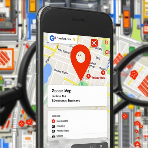 Identifying hidden map health issues A magnifying glass inspecting a Google Maps business profile for technical errors.