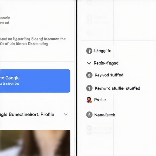 Comparison between a healthy and a keyword-stuffed Google Business Profile illustrating SEO risks.